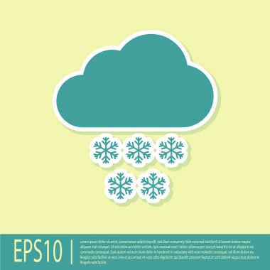 Sarı arka planda izole edilmiş kar simgesine sahip Yeşil Bulut. Kar taneli bulut. Tek hava durumu simgesi. Kar işareti. Düz tasarım. Vektör İllüstrasyonu