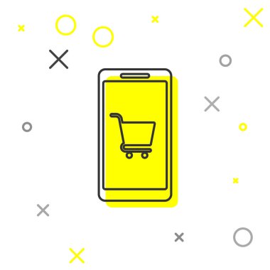 Gri Cep telefonu ve alışveriş sepeti satır simgesi beyaz arka plan üzerinde izole. Online satın alma sembolü. Süpermarket sepeti sembolü. Vektör İllüstrasyonu