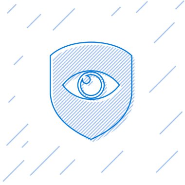 Mavi Kalkan ve beyaz arka plan üzerinde izole göz çizgisi simgesi. Güvenlik, güvenlik, koruma, gizlilik kavramı. Vektör İllüstrasyonu
