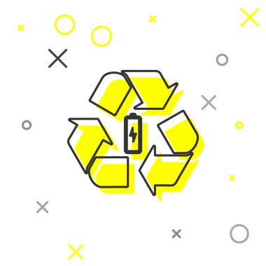 Beyaz arka planda yalıtılmış geri dönüşüm simgesi simgesine sahip Gri Pil. Geri dönüşüm sembolü ile Pil - yenilenebilir enerji kavramı. Vektör İllüstrasyonu