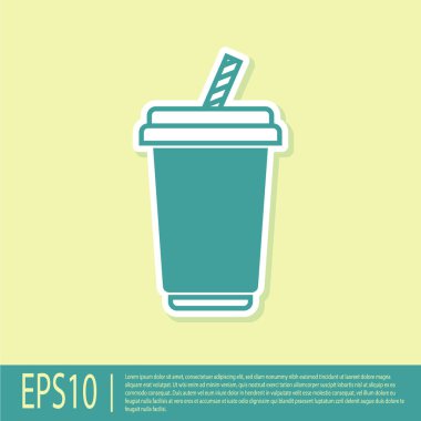 Yeşil Cam su simgesi sarı arka plan üzerinde izole ile. Soda, pipetli bardak içilir. Taze soğuk içecek sembolü. Vektör İllüstrasyonu