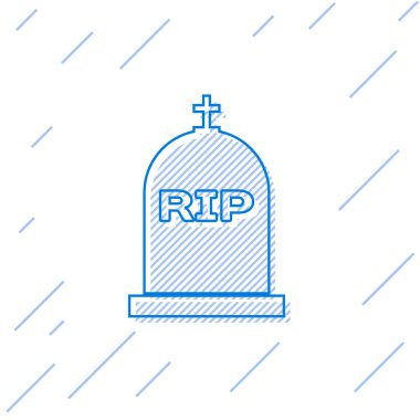 Rip ile Mavi Tombstone beyaz arka plan üzerinde izole çizgi simgesi yazılı. Mezar simgesi. Vektör İllüstrasyonu