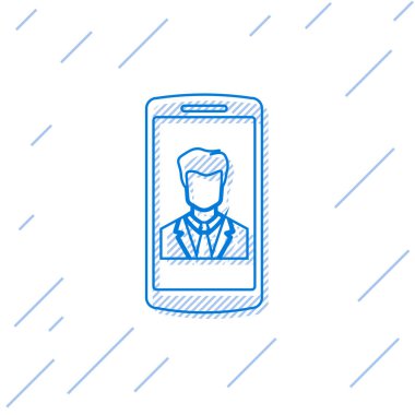 Beyaz arka planda yalıtılmış ekran çizgisi simgesinde temas içeren Mavi Akıllı Telefon. Gelen arama. Telefon ekranında insan. İletişimi arayın. Vektör İllüstrasyonu