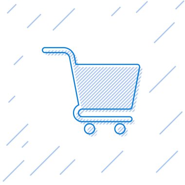 Mavi Alışveriş sepeti satır simgesi beyaz arka planda yalıtılmış. Online satın alma konsepti. Teslimat hizmeti işareti. Süpermarket sepeti sembolü. Vektör İllüstrasyonu