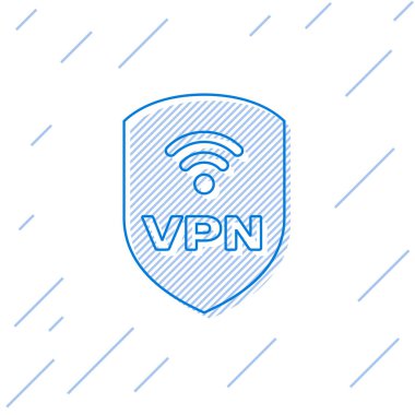 Vpn ve wifi kablosuz internet ağı sembol simgesi beyaz arka plan üzerinde izole ile Mavi Kalkan. Vpn güvenlik kavramını koruyun. Vektör İllüstrasyonu