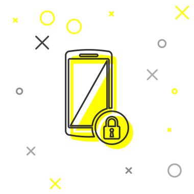 Beyaz arka planda izole edilmiş kapalı asma kilit çizgisi simgesine sahip Gri Akıllı Telefon. Kilitli telefon. Mobil güvenlik, güvenlik, koruma konsepti. Vektör İllüstrasyonu