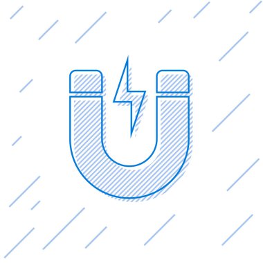 Beyaz arka plan üzerinde izole yıldırım çizgi simgesi ile Mavi Mıknatıs. At nalı mıknatısı, manyetizma, manyetize, çekim işareti. Vektör İllüstrasyonu