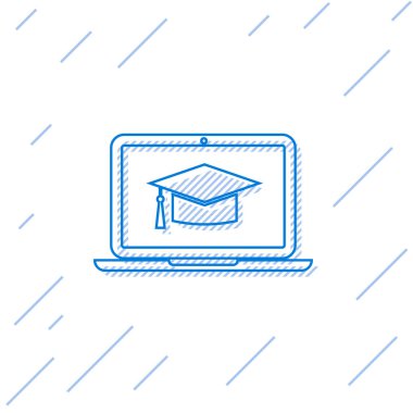 Beyaz arka planda yalıtılmış ekran dizüstü bilgisayar satırı simgesinde Mavi Mezuniyet kapağı. Online öğrenme veya e-öğrenme kavramı. Vektör İllüstrasyonu