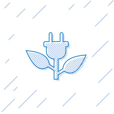 Beyaz arka planda yalıtılmış yaprak çizgisi simgesinde Mavi Elektrik tasarruf fişi. Enerji elektrik simgesi kaydedin. Çevre koruma simgesi. Biyo enerji. Vektör İllüstrasyonu