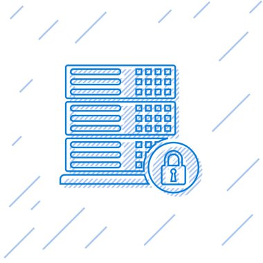 Beyaz arka planda yalıtılmış kapalı asma kilit çizgisi simgesine sahip Blue Server güvenliği. Güvenlik, güvenlik, koruma konsepti. Vektör İllüstrasyonu