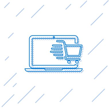 Beyaz arka planda yalıtılmış ekran dizüstü bilgisayar satırı simgesimavi Alışveriş sepeti. Konsept e-ticaret, e-iş, online iş pazarlama. Vektör İllüstrasyonu
