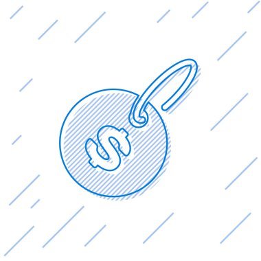 Beyaz arka planda yalıtılmış dolar satır simgesi ile Mavi Fiyat etiketi. Fiyat için rozet. Dolar sembolü ile satış. Promosyon etiket indirimi. Vektör İllüstrasyonu