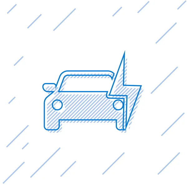 Blue Electric samochód i wtyczkę przewodu elektrycznego ikonę linii ładowania na białym tle. Odnawialne technologie ekologiczne. Ilustracja wektorowa — Wektor stockowy