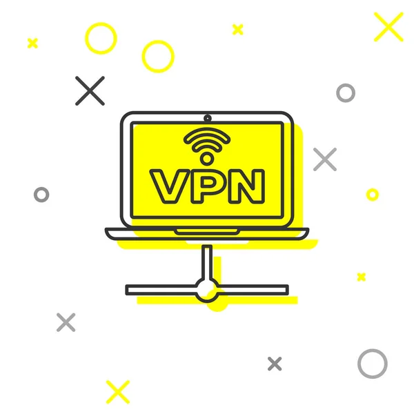 Ícone de linha de rede de computador VPN cinza isolado no fundo branco. Rede de portáteis. Ligação à Internet. Ilustração vetorial — Vetor de Stock