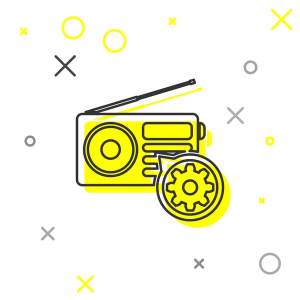 Grijze radio met antenne en tandwiel lijn pictogram geïsoleerd op witte achtergrond. Aanpassen van de app, service concept, instelmogelijkheden, onderhoud, reparatie, vaststelling. Vector illustratie — Stockvector