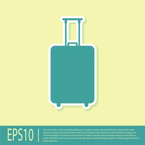 Green Travel suitcase icon isolated on yellow background. Traveling baggage sign. Travel luggage icon. Vector Illustration