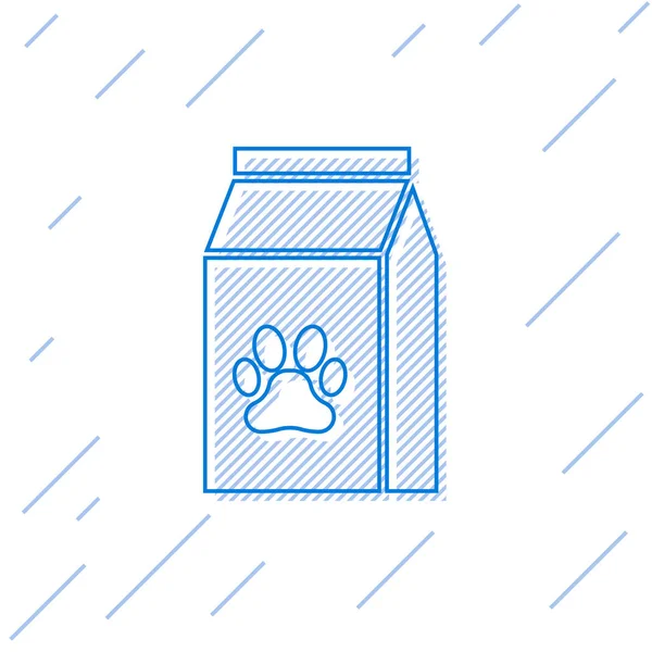 Синяя сумка с кормом для домашнего животного иконка выделена на белом фоне. Корм для животных. Пакет с пищей. Отпечаток лапы собаки или кошки. Векторная миграция — стоковый вектор