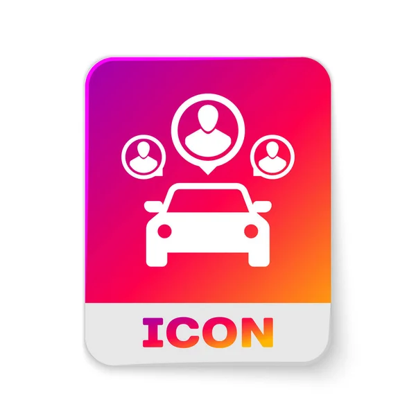 White Car sharing with group of people icon isolated on white background. Carsharing sign. Transport renting service concept. Rectangle color button. Vector Illustration — Stock Vector