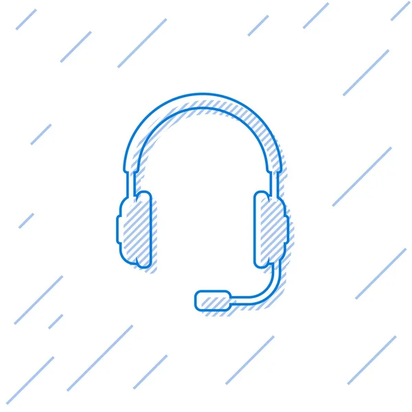 Blauwe hoofdtelefoon met microfoon lijn pictogram geïsoleerd op witte achtergrond. Oordopjes ondertekenen. Concept object voor het luisteren naar muziek, service, communicatie en operator. Vector illustratie — Stockvector
