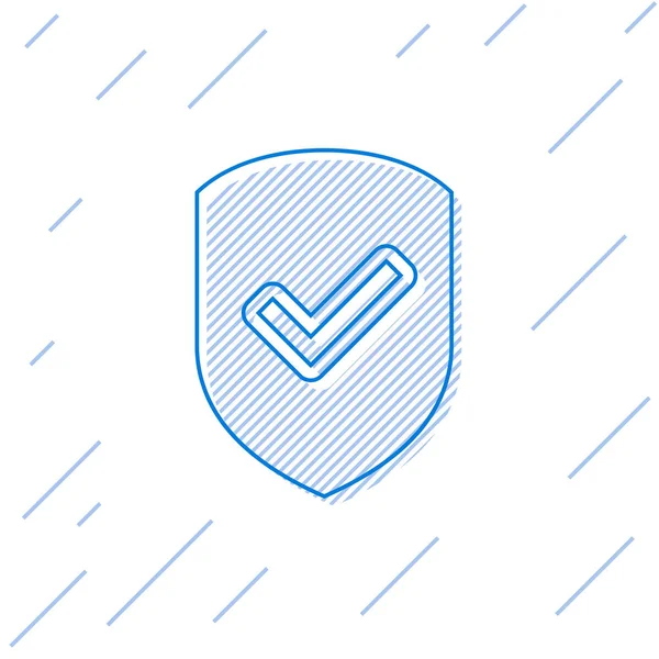 Μπλε ασπίδα με σύμβολο ελέγχου γραμμή απομονώνεται σε λευκό φόντο. Σύμβολο προστασίας. Εικονίδιο ελέγχου ασφαλείας. Σύμβολο έγκρισης υποδιαίρεσης. Απεικόνιση διανυσματικών φορέων — Διανυσματικό Αρχείο