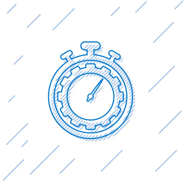 Ícone de linha Blue Time Management isolado no fundo branco. Relógio e sinal de marcha. Símbolo de produtividade. Ilustração vetorial —  Vetores de Stock