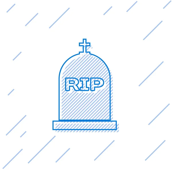 Blauwe tombstone met RIP geschreven op het lijn pictogram geïsoleerd op witte achtergrond. Graf icoon. Vector illustratie — Stockvector