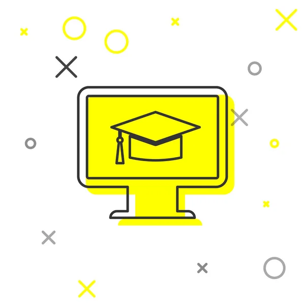 Monitor de computadora gris con icono de línea de casquillo de graduación aislado sobre fondo blanco. Concepto de aprendizaje en línea o aprendizaje electrónico. Símbolo de conocimiento de Internet. Ilustración vectorial — Vector de stock