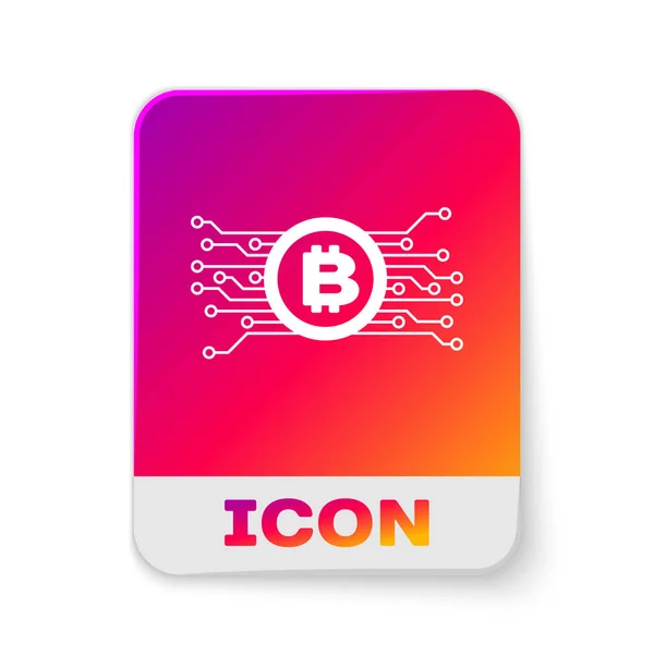 Concepto de criptomoneda blanca bitcoin en círculo con icono de circuito de microchip aislado sobre fondo blanco. Tecnología blockchain, mercado de dinero digital. Botón de color rectángulo. Ilustración vectorial — Vector de stock