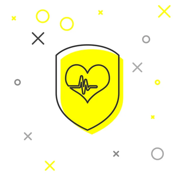 Escudo cinza e ícone de linha de frequência cardíaca isolado no fundo branco. Conceito de protecção da saúde. Saúde. Ilustração vetorial — Vetor de Stock