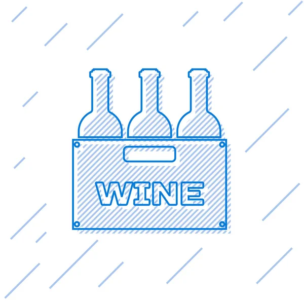 Bouteilles bleues de vin dans une icône de ligne de boîte en bois isolé sur fond blanc. Bouteilles de vin dans une icône de caisse en bois. Illustration vectorielle — Image vectorielle
