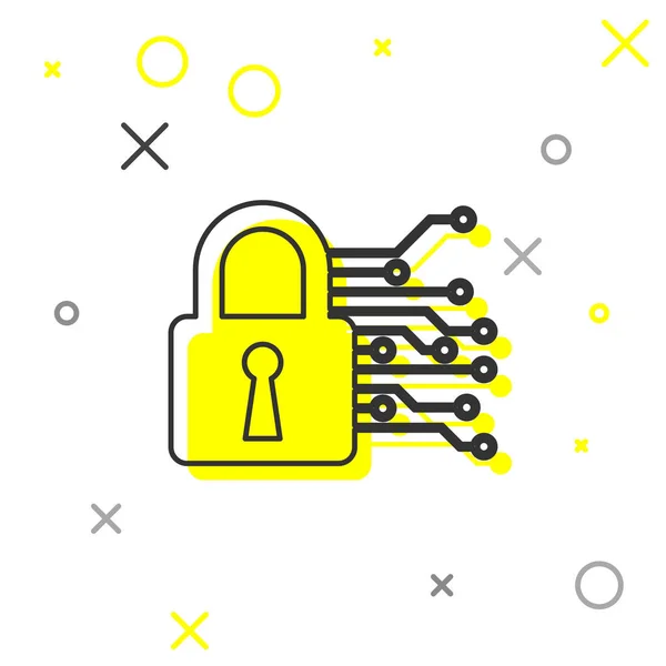 Icône de ligne de cybersécurité grise isolée sur fond blanc. Cadenas fermé sur carte de circuit numérique. Concept de sécurité. Protection des données numériques. Illustration vectorielle — Image vectorielle