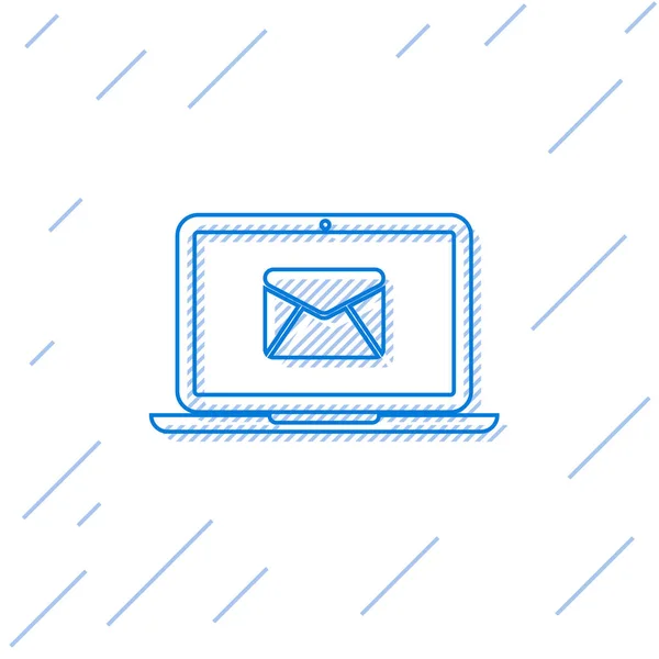 Blue Laptop con sobre y correo electrónico abierto en el icono de la línea de pantalla aislado sobre fondo blanco. Email marketing, conceptos de publicidad en Internet. Ilustración vectorial — Vector de stock