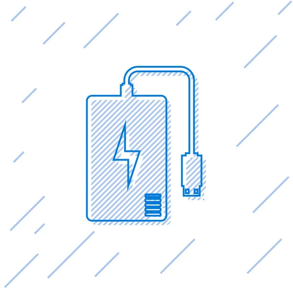 Banco Blue Power con diferentes iconos de línea de cable de carga aislados sobre fondo blanco. Dispositivo de carga portátil. Ilustración vectorial — Archivo Imágenes Vectoriales