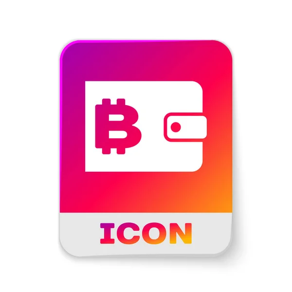 Beyaz şifreleme cüzdan simgesi beyaz arka planda yalıtılmış. Cüzdan ve bitcoin işareti. Madencilik konsepti. Para, ödeme, nakit, ödeme simgesi. Dikdörtgen renk düğmesi. Vektör İllüstrasyonu — Stok Vektör