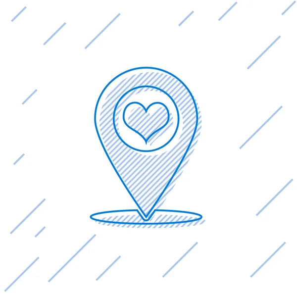 Blauer Kartenzeiger mit Herzlinie-Symbol auf weißem Hintergrund. Vektorillustration — Stockvektor