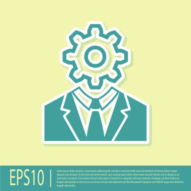 Sarı arka plan üzerinde izole simgesi içinde dişli ile Yeşil İnsan kafası. Yapay zeka. Beyin işaretini düşünmek. Beynin sembol çalışması. Düz tasarım. Vektör İllüstrasyonu