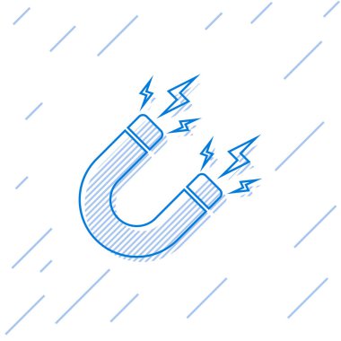 Beyaz arka plan üzerinde izole yıldırım çizgi simgesi ile Mavi Mıknatıs. At nalı mıknatısı, manyetizma, manyetize, çekim işareti. Vektör İllüstrasyonu