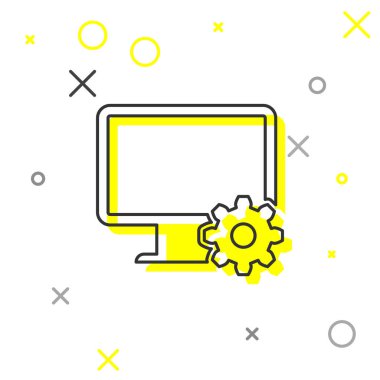 Gri Bilgisayar monitörü ve dişli çizgisi simgesi beyaz arka planda yalıtılmış. Uygulamayı ayarlama, ayarlama seçenekleri, bakım, onarım, monitör kavramlarını sabitleme. Vektör İllüstrasyonu