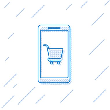 Mavi Cep telefonu ve alışveriş sepeti satır simgesi beyaz arka plan üzerinde izole. Online satın alma sembolü. Süpermarket sepeti sembolü. Vektör İllüstrasyonu