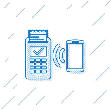 Baskılı reciept ile Blue Pos terminali ve beyaz arka plan üzerinde izole akıllı telefon hattı simgesi ile ödeme onaylar. Nfc ödeme konsepti. Vektör İllüstrasyonu