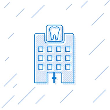 Mavi Diş kliniği çizgi simgesi beyaz arka plan üzerinde izole. Diş hekimliği merkezi sembolü. Vektör İllüstrasyonu