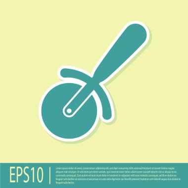 Yeşil Pizza bıçak simgesi sarı arka plan üzerinde izole. Pizza kesici işareti. Çelik mutfak eşyaları ekipmanları. Vektör İllüstrasyonu