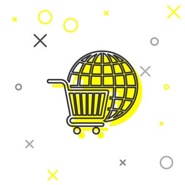 Beyaz arka planda yalıtılmış küre çizgi simgesine sahip Gri Alışveriş sepeti. Online satın alma konsepti. Küresel pazar konsepti. Süpermarket sepeti sembolü. Vektör İllüstrasyonu