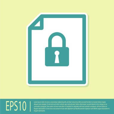 Yeşil Belge ve kilit simgesi sarı arka planda yalıtılmış. Dosya biçimi ve asma kilit. Güvenlik, güvenlik, koruma konsepti. Vektör İllüstrasyonu