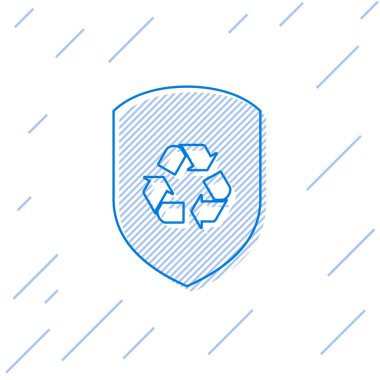 Beyaz arka planda yalıtılmış kalkan çizgisi simgesinin içindeki Mavi Geri Dönüşüm simgesi. Eko koruma işareti. Vektör İllüstrasyonu