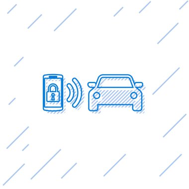 Mavi Akıllı araba alarm sistemi çizgi simgesi beyaz arka plan üzerinde izole. Akıllı telefon kablosuz araç güvenliğini kontrol eder. Vektör İllüstrasyonu