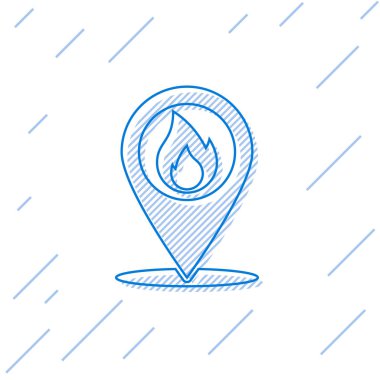 Beyaz arka planda yalıtılmış yangın alev çizgisi simgesi ne şr1'li Mavi Harita işaretçisi. Yakındaki yangın. Vektör İllüstrasyonu