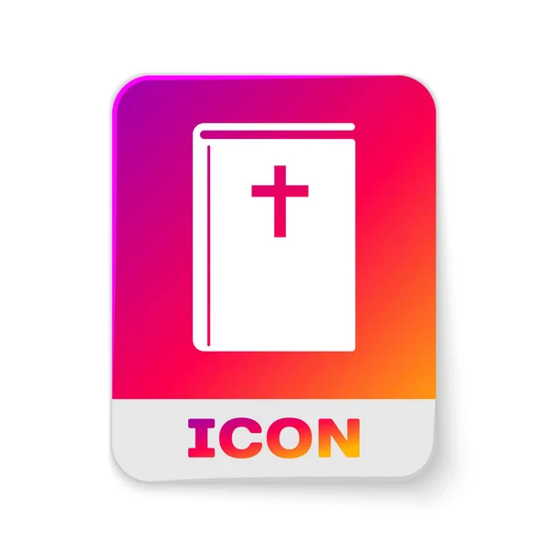 Icono del libro de la Sagrada Biblia blanca aislado sobre fondo blanco. Botón de color rectángulo. Ilustración vectorial — Vector de stock