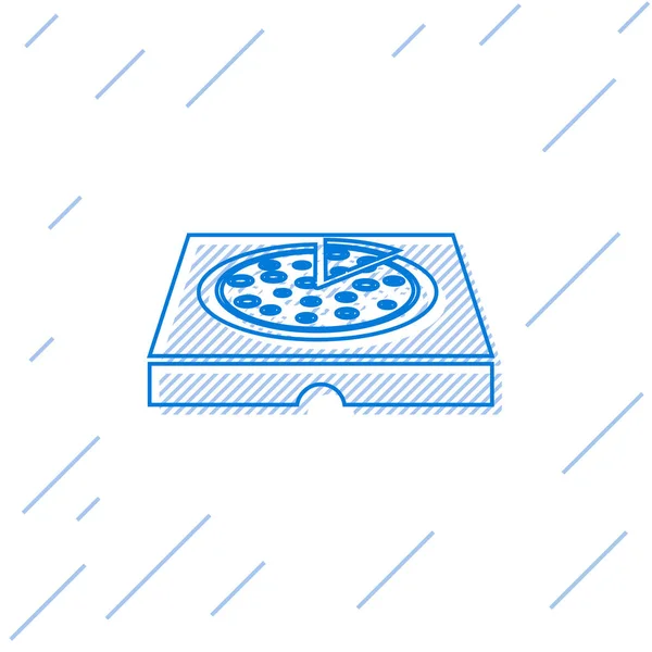 Blue Pizza em caixa de papelão ícone de linha isolado no fundo branco. Caixa com elementos de layout. Ilustração vetorial — Vetor de Stock