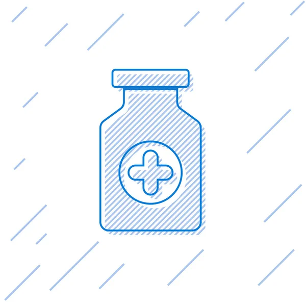 Ikon garis botol Blue Medicine diisolasi pada latar belakang putih. Papan nama botol. Desain Farmasi. Ilustrasi Vektor - Stok Vektor